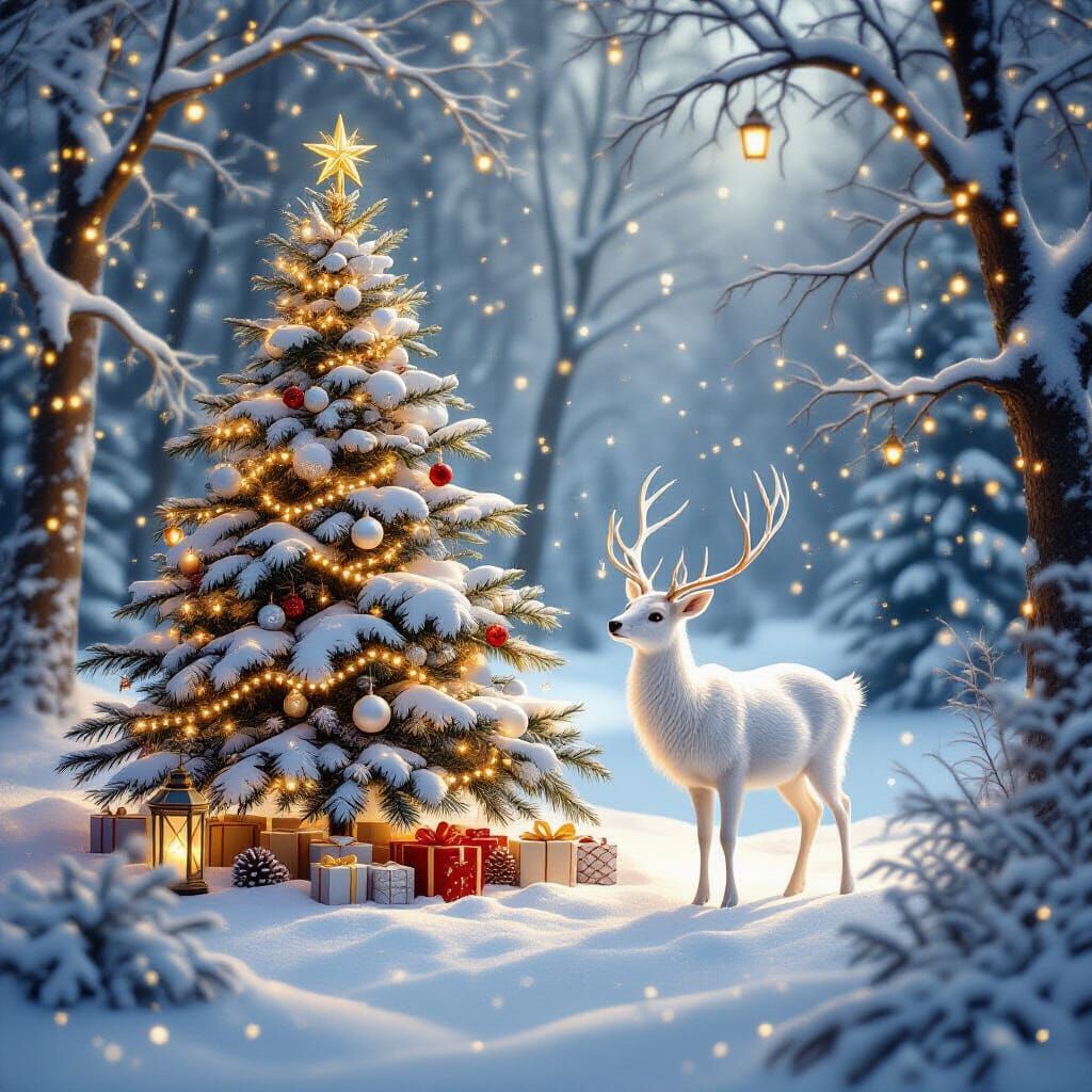 Magical Christmas Forest with White Deer and Glowing Lantern...