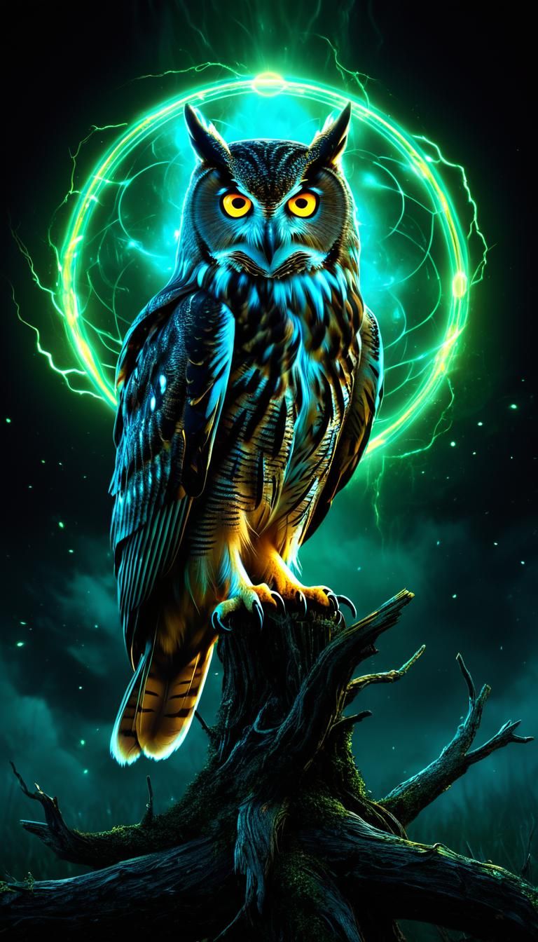 Mystical Owl in Bioluminescent Circle: Fantasy Concept Art