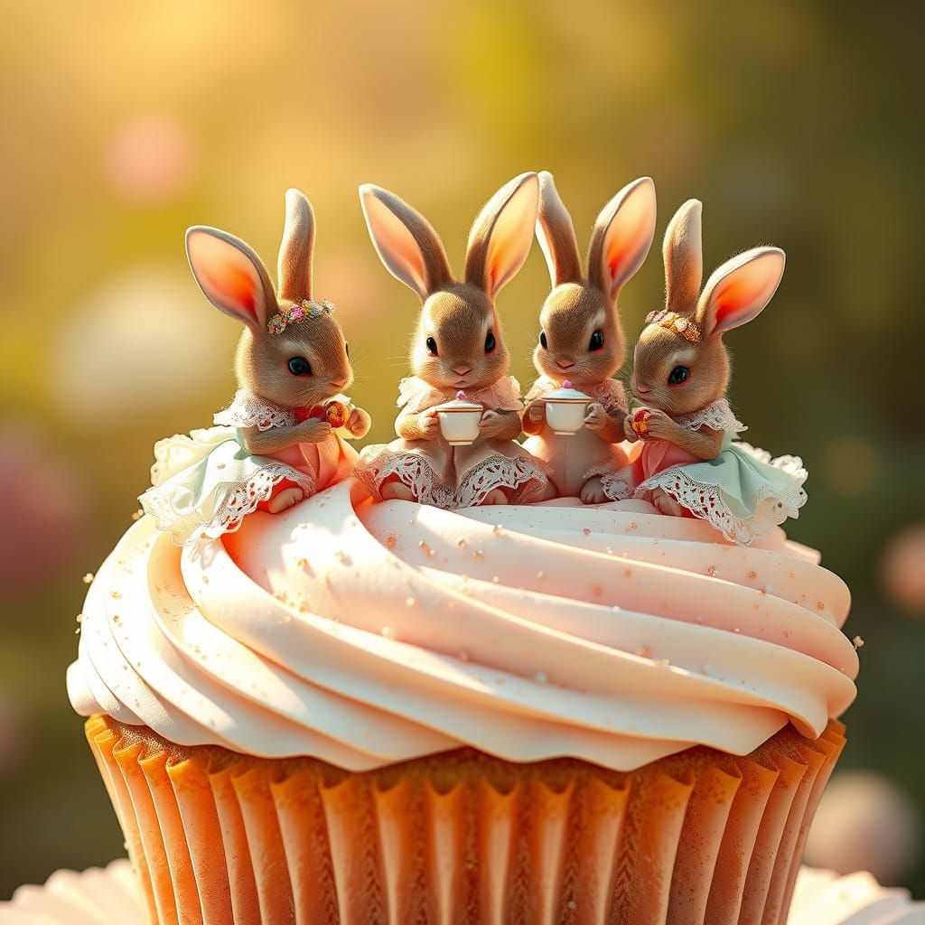 Whimsical Bunnies Enjoy Tea Party on Giant Cupcake in Victor...