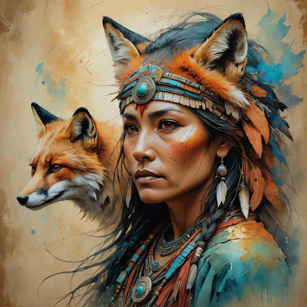 Fox Spirit Woman Portrait in Colorful Splash Art