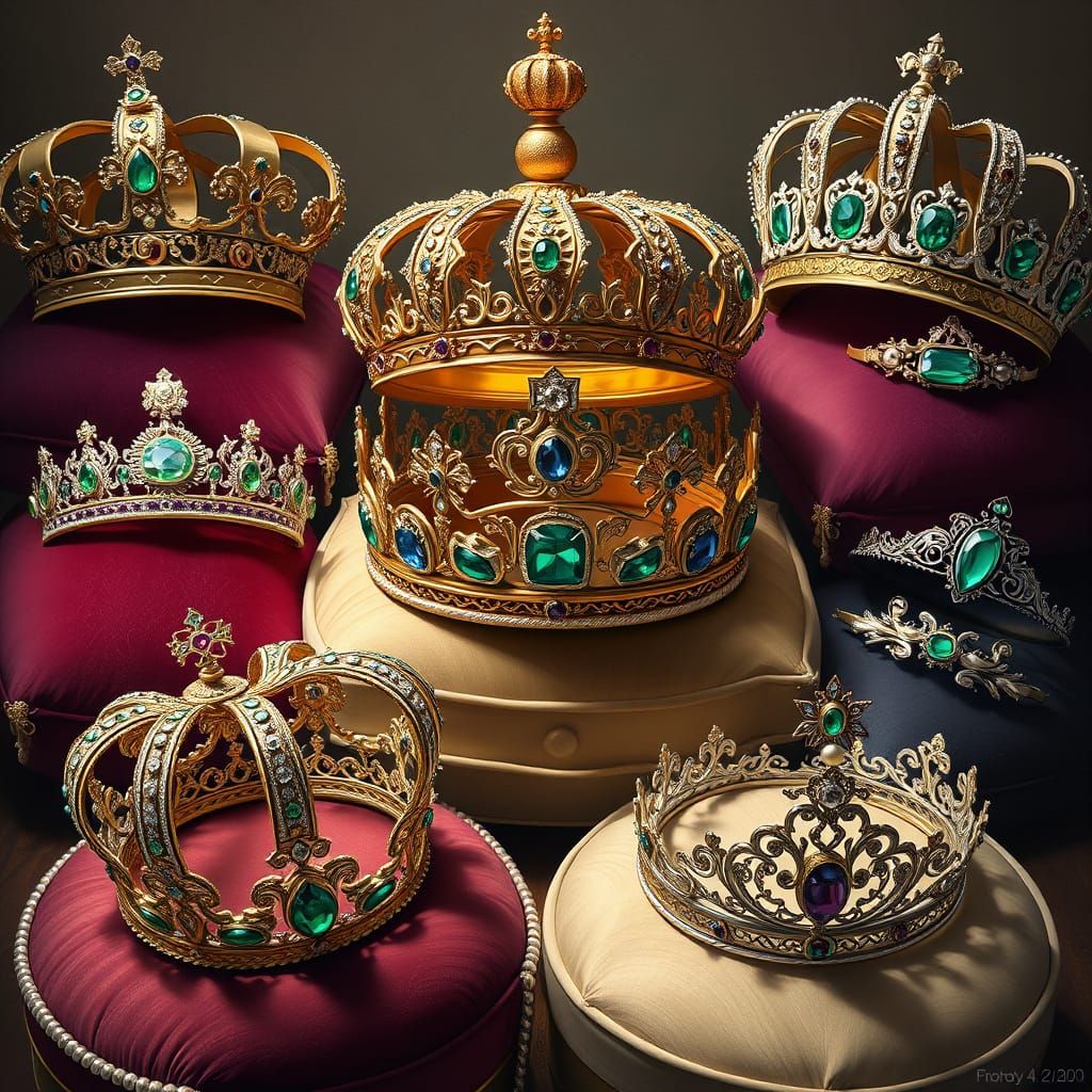 Ornate Jeweled Crowns and Tiaras Displayed Lavishly