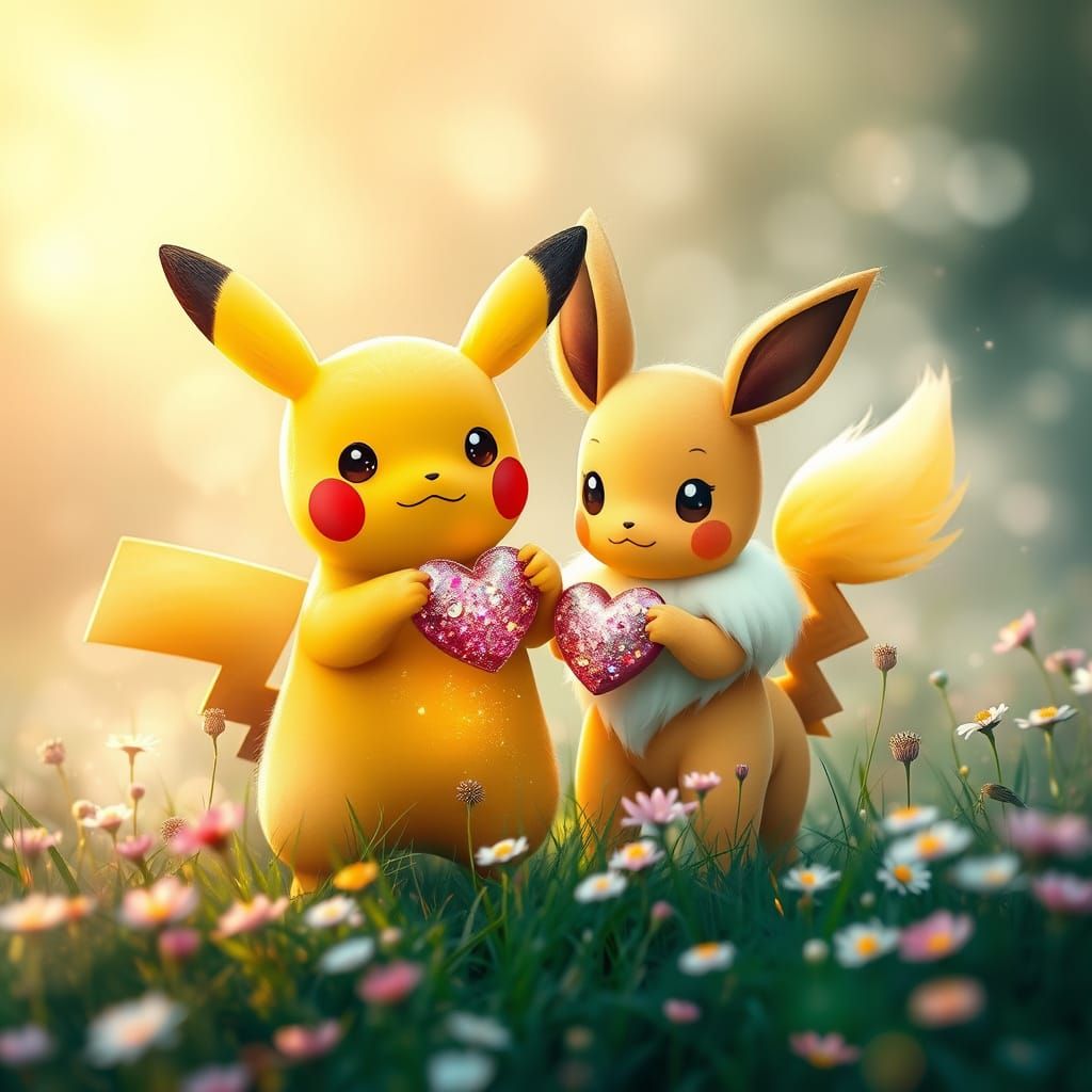Pikachu and Eevee in Whimsical Fantasy Landscape