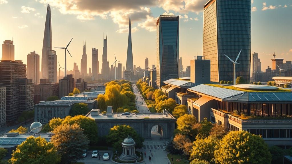 Sustainable Futuristic Metropolis with Solar Panels and Gard...