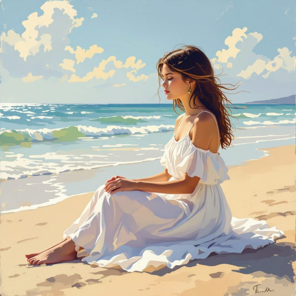 Girl on Deserted Beach in Impressionist Style