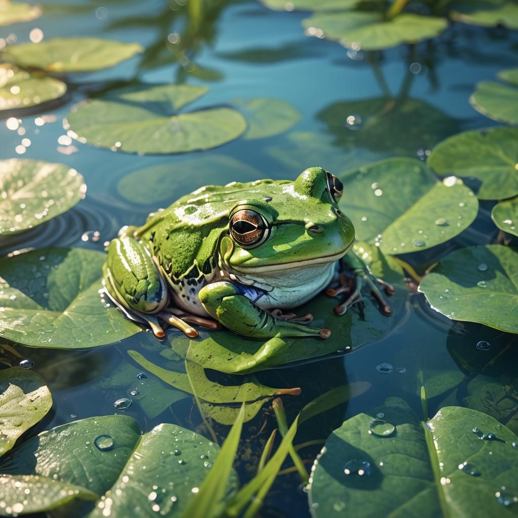 Hyperrealistic Green Frog on Leaf in Sunlight