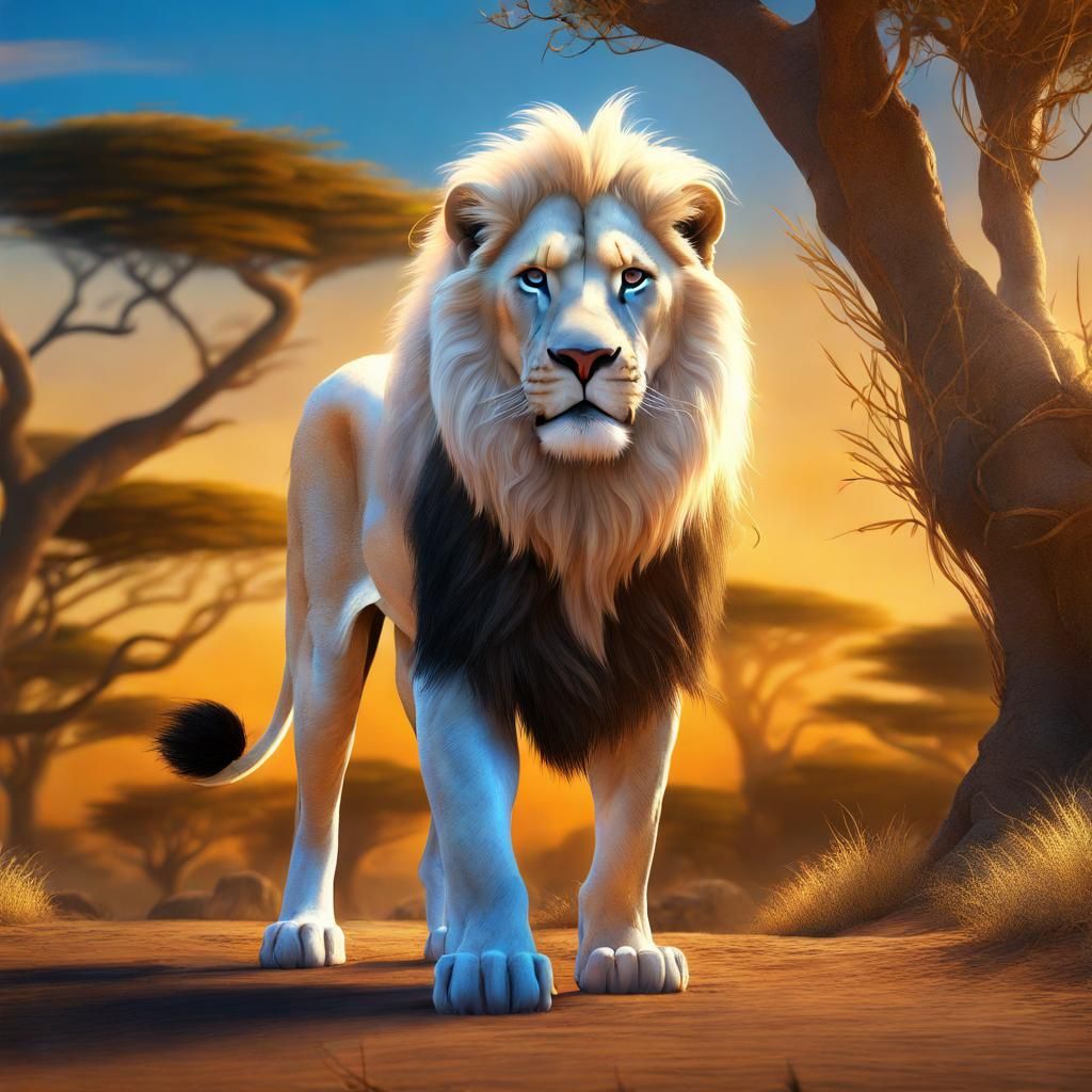 Regal White Lion in African Sunset: Fantasy Art