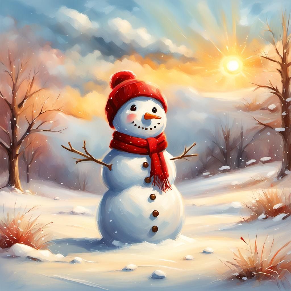 Adorable Snowman in Winter Landscape, Digital Painting