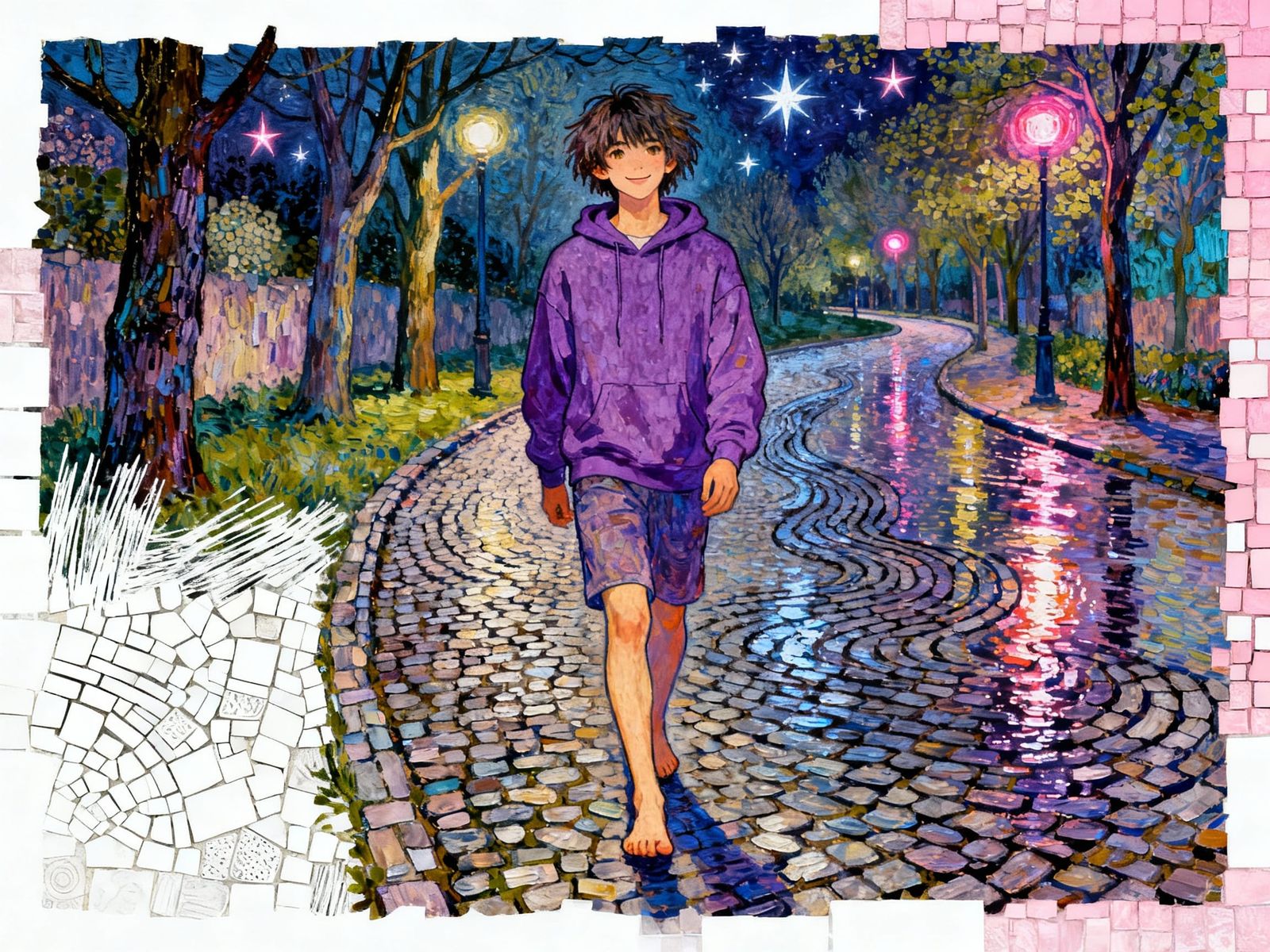 Manga Man Walks Neon Path in Klimt Style