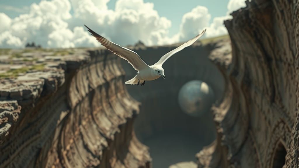 Surreal Seagull Soaring Through Warped Dreamscape