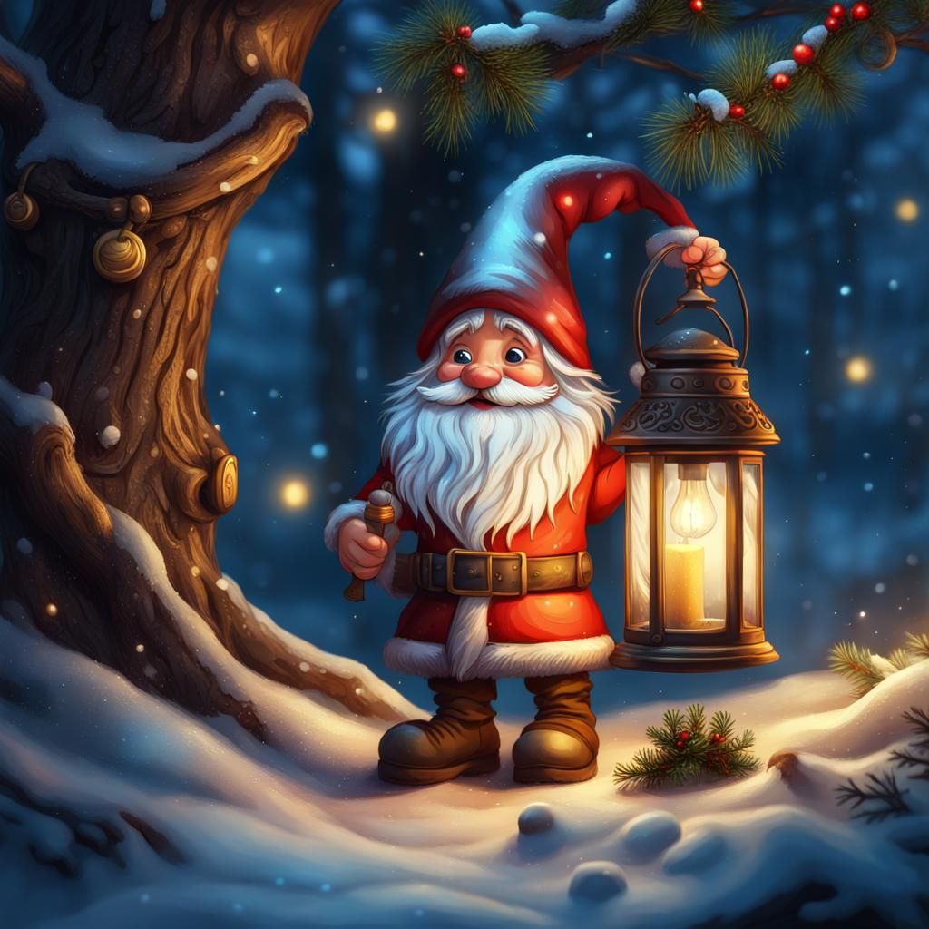 Christmas Gnome with Lantern in Winter Woods