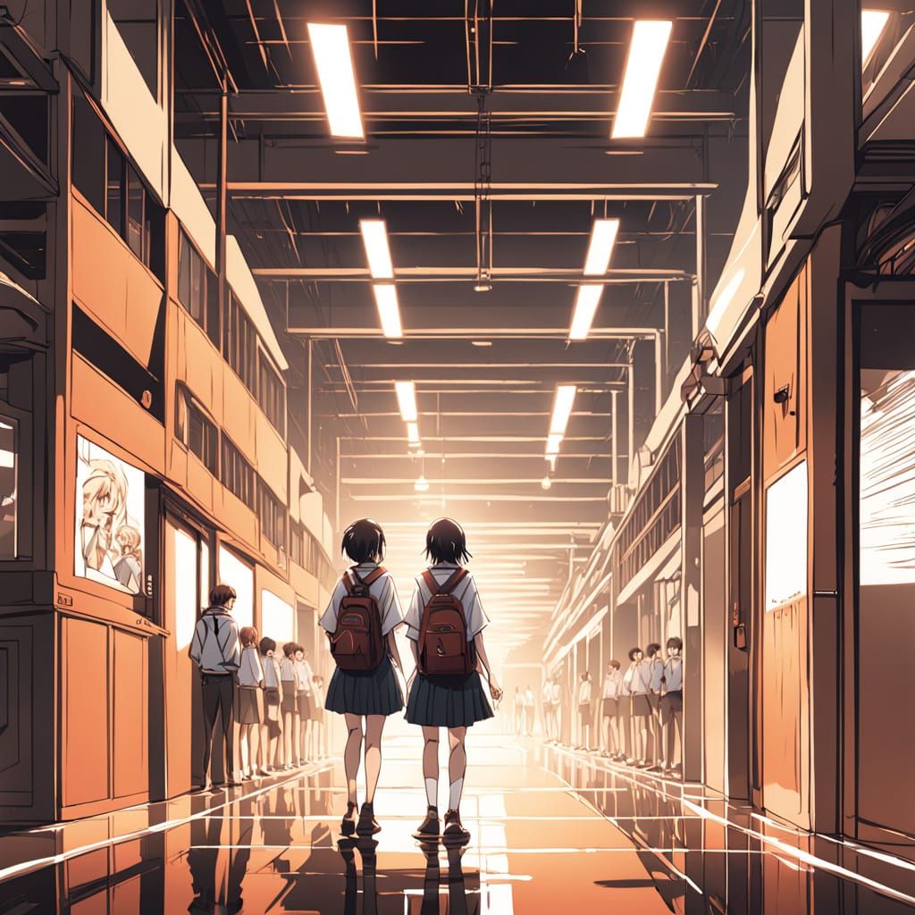 Vibrant School Hallway Scene in Anime Style