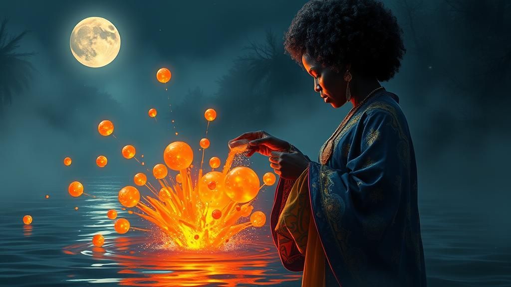Magical African Woman Pours Potion at River's Edge