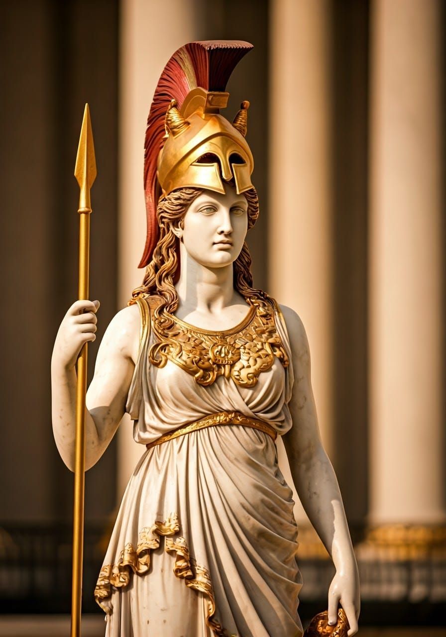 Giant marble and gold statue of Athena wearing a helmet and ...