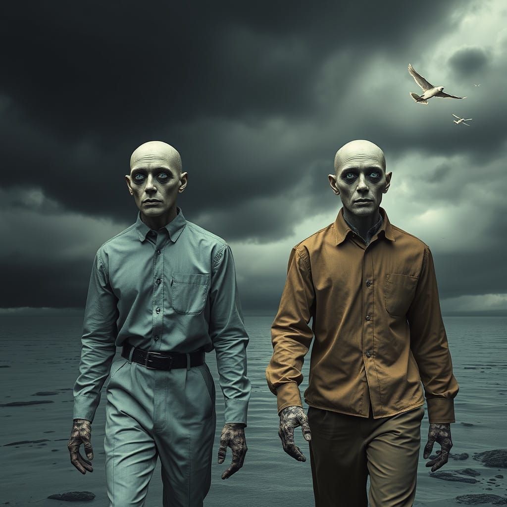 Surreal Figures Walk in Despair Amidst Eerie Mayhem