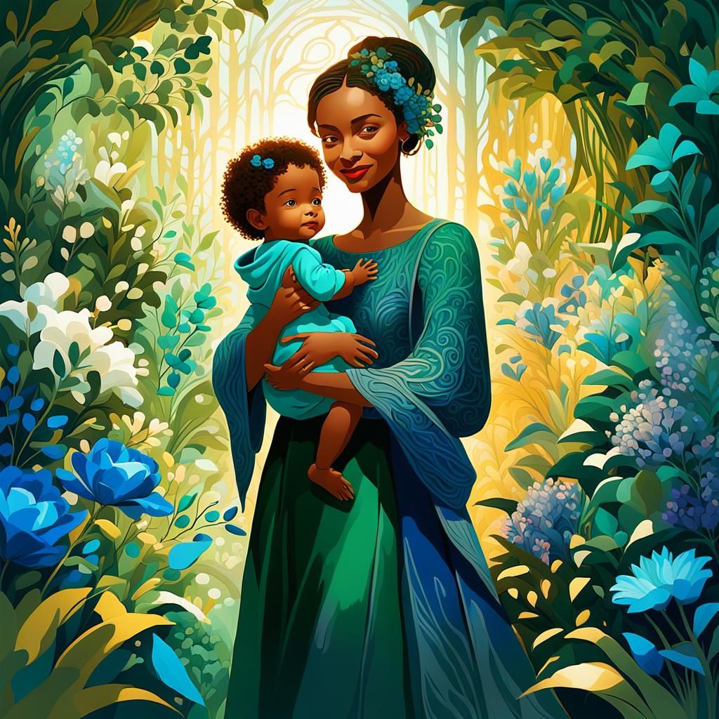 Happy Mother and Child in Lush Fantasy Garden