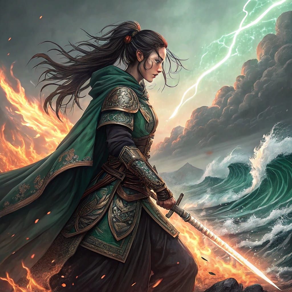 Epee magique 
A manga-style illustration in a semi-realistic style. A fierce mystical warrior woman stands tall in a sto...