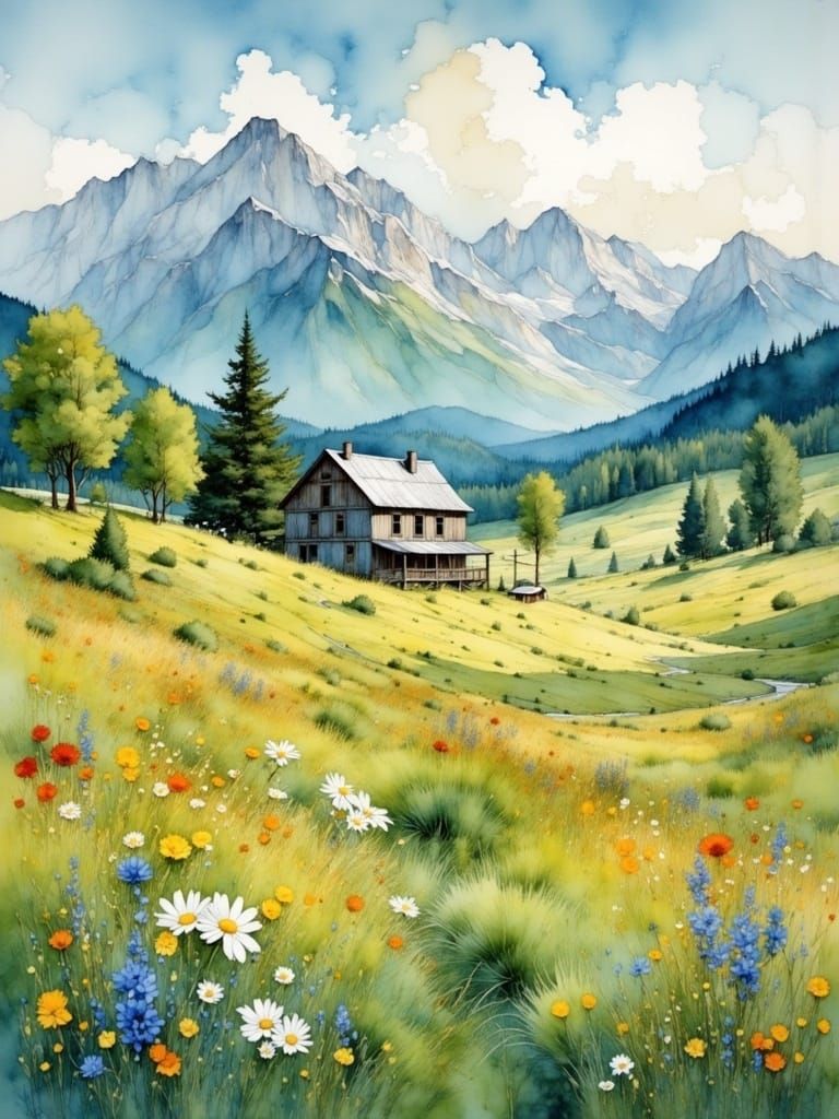 Wildflower Meadow with Cabin, in Watercolor Style