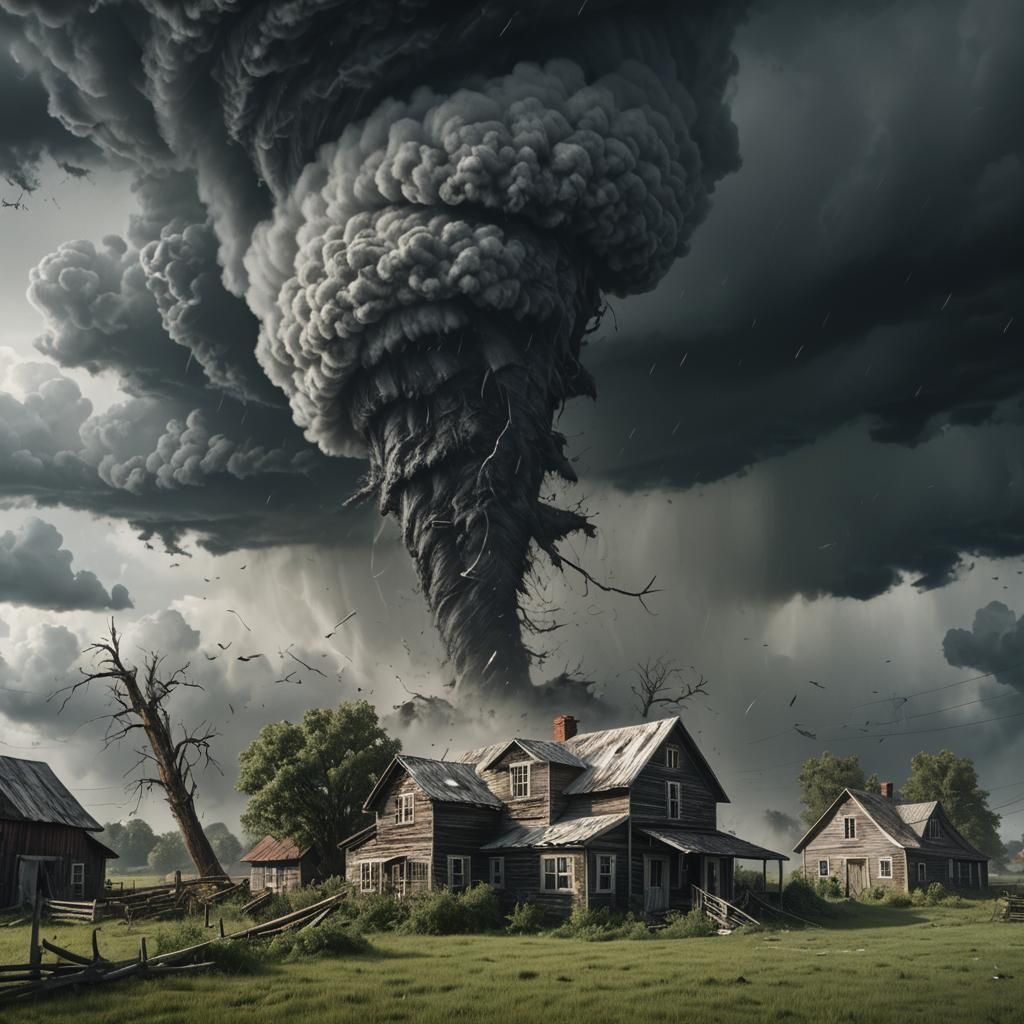 Tornado Destroys Farmhouse in Black and White