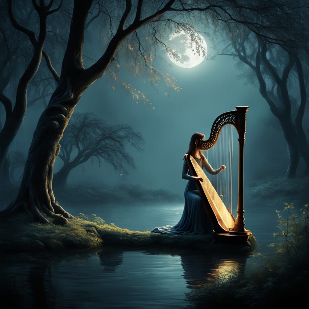 Ethereal Harpist Under Willow Tree in Moonlit Forest