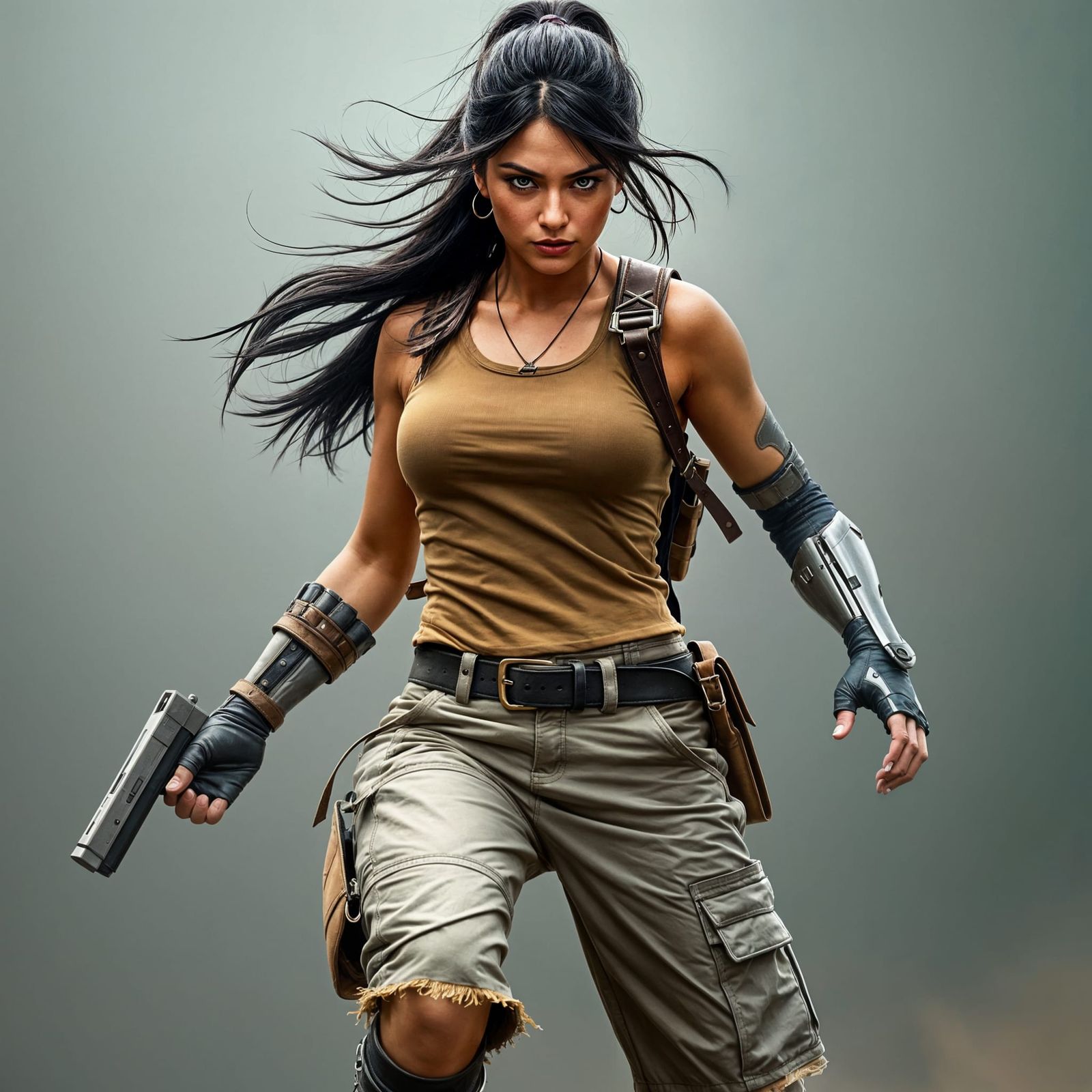 A 27-year-old woman with raven-black hair tied in a ponytail, wind-swept and dynamic, frames her heart-shaped face, her ...