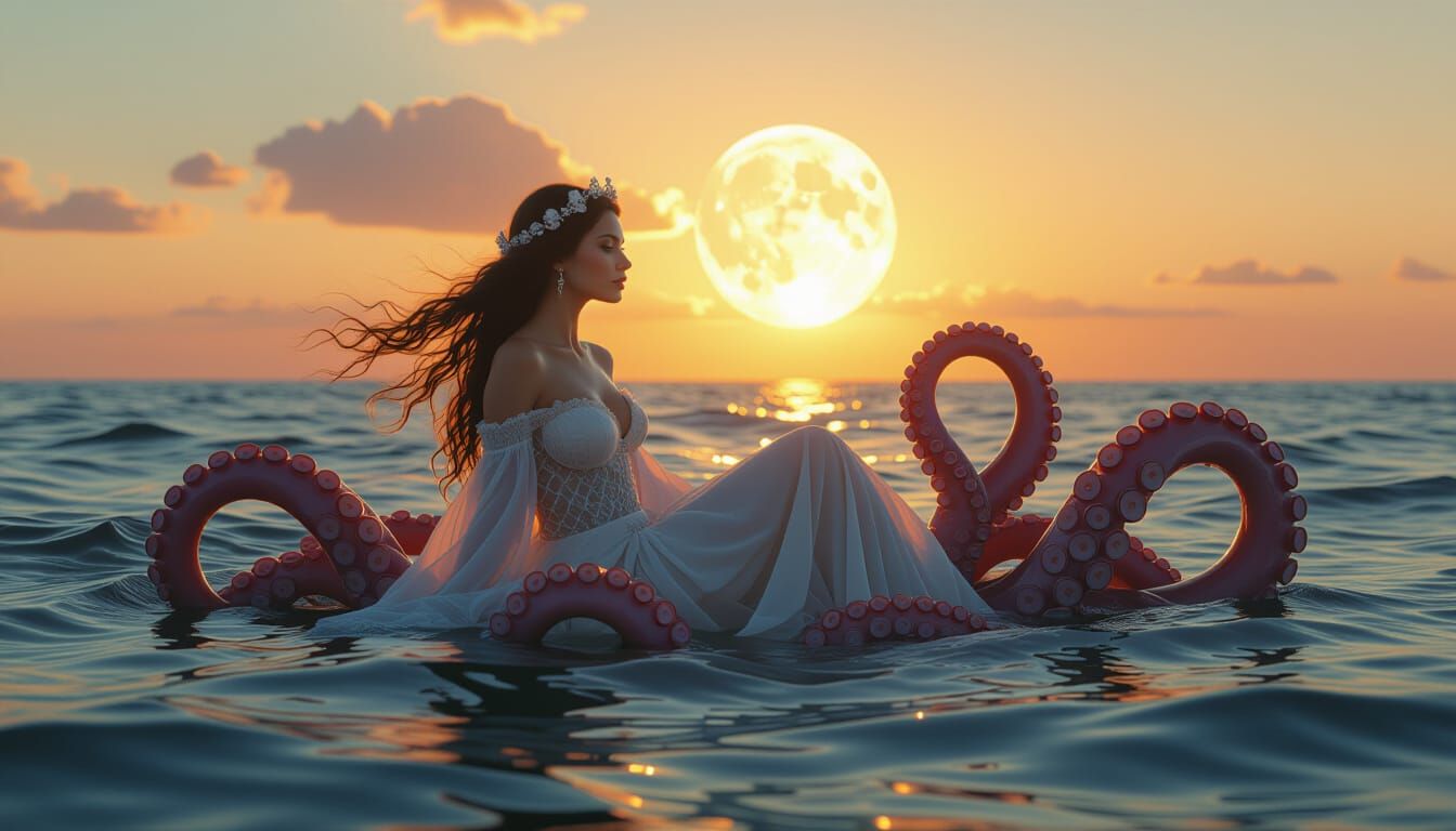 Kraken Girl Floating on Ocean at Sunset