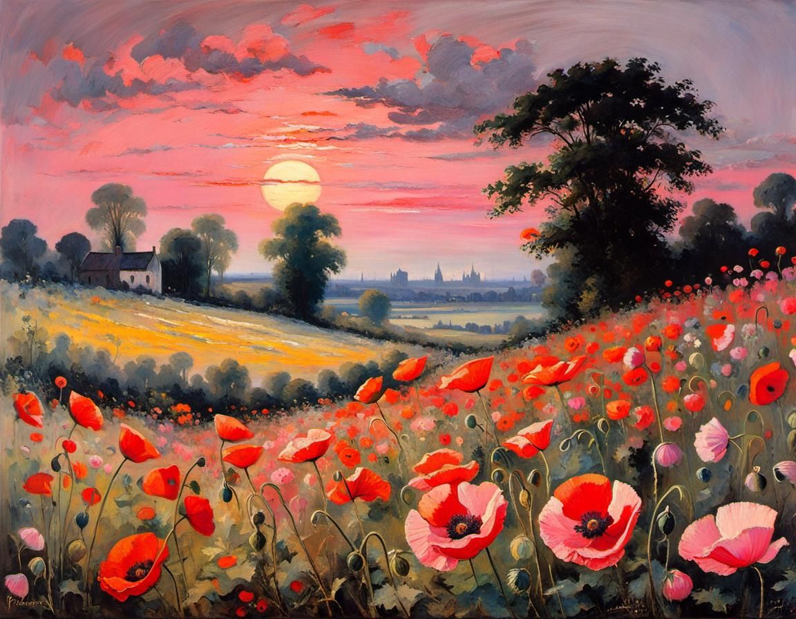 Poppies in Pink Evening Light, Painterly Style