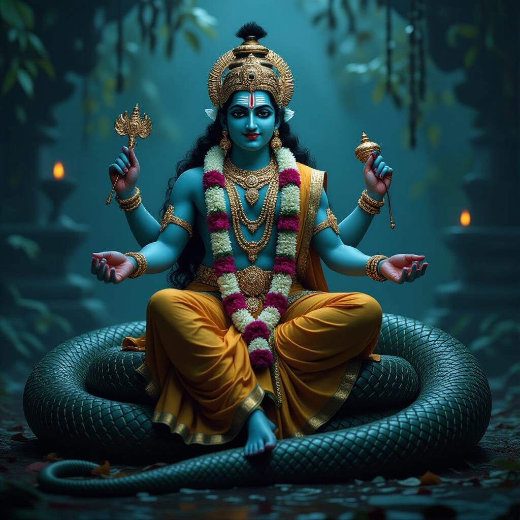 Vishnu on Shesha Naga: Classical Indian Style