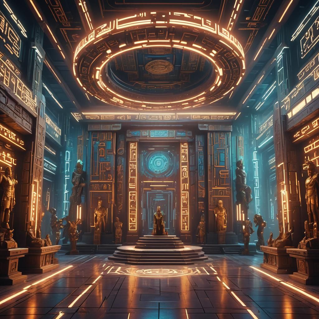 Futuristic Temple Interior with Cybernetic Gods in Neon Noir
