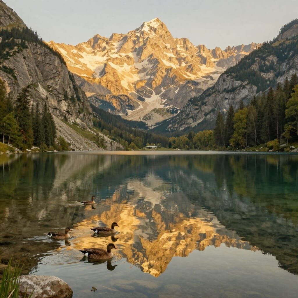 Photorealistic Surrealist Mountain Lake Reflection