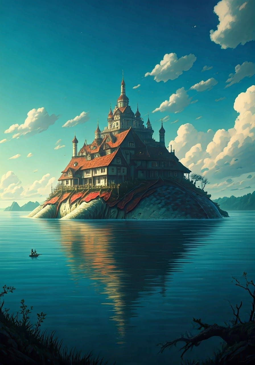 Fantasy Village on Giant Water Creature's Back