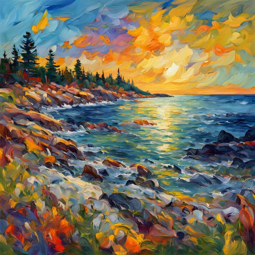 Maine Coast Landscape in Vibrant Fauvist Style