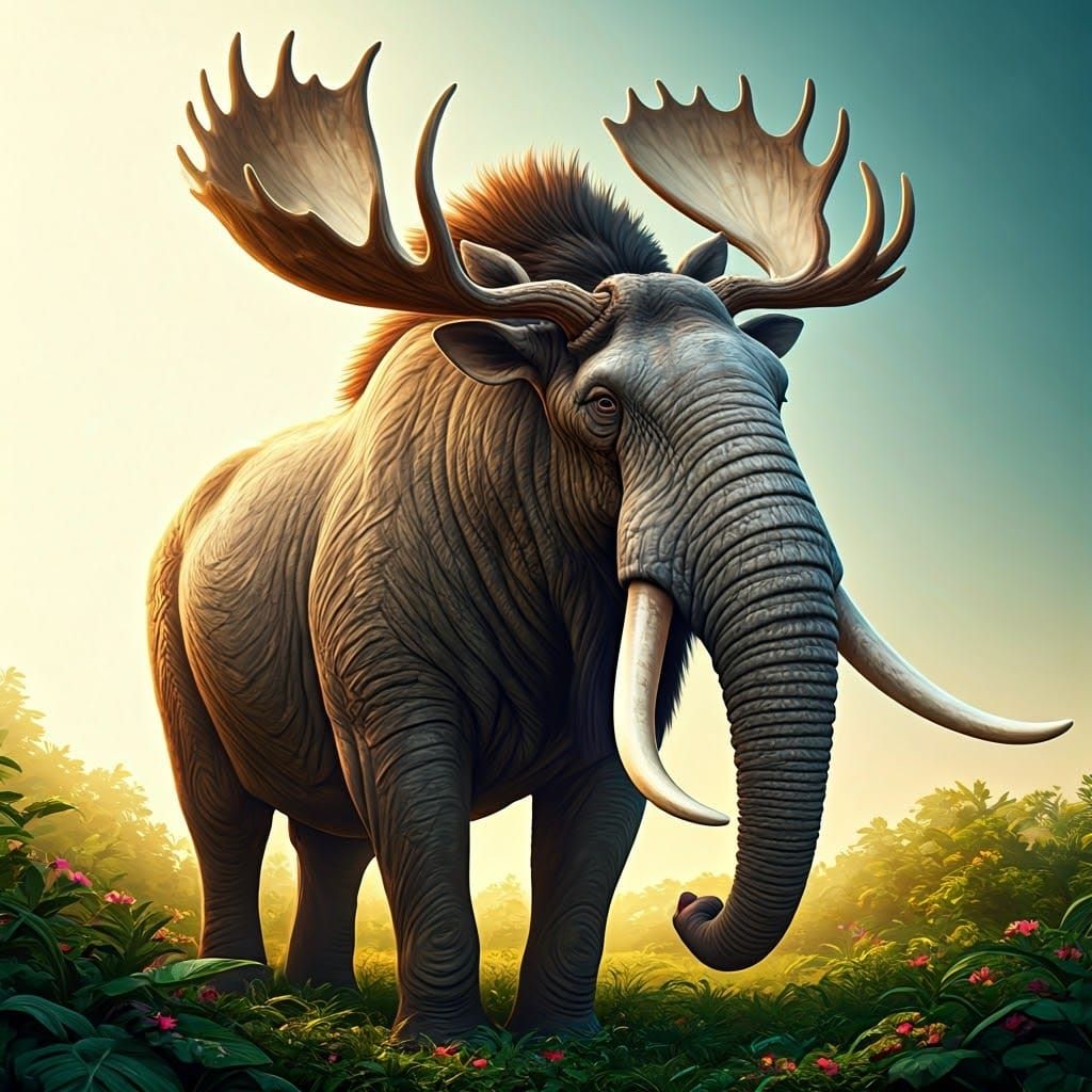 Majestic Moose-Elephant Hybrid in Vibrant, Whimsical Landsca...