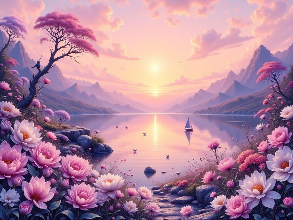 Serene Sunrise Landscape with Flowers in Pastel Gradients