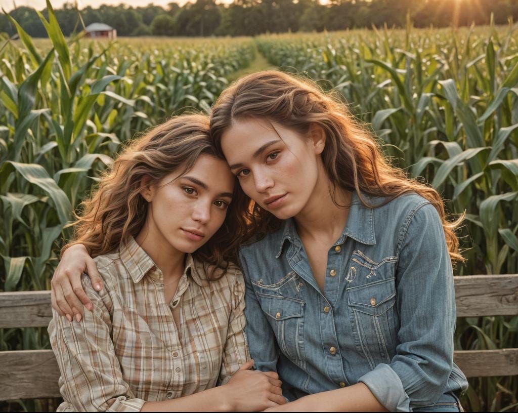 Lesbian Couple Cuddling at Sunset, Hyperdetailed Portrait