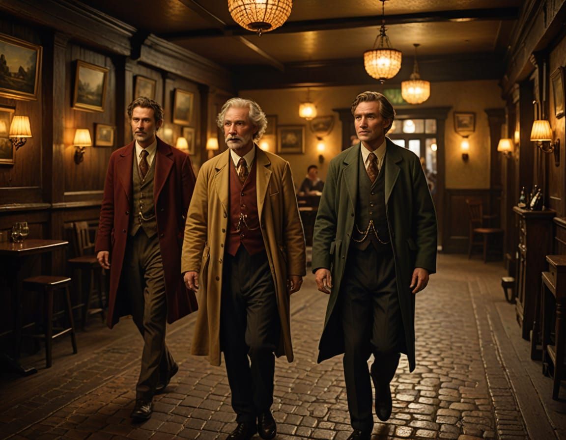 Three Companions Enter a Cozy Pub in Vibrant Oil Painting St...