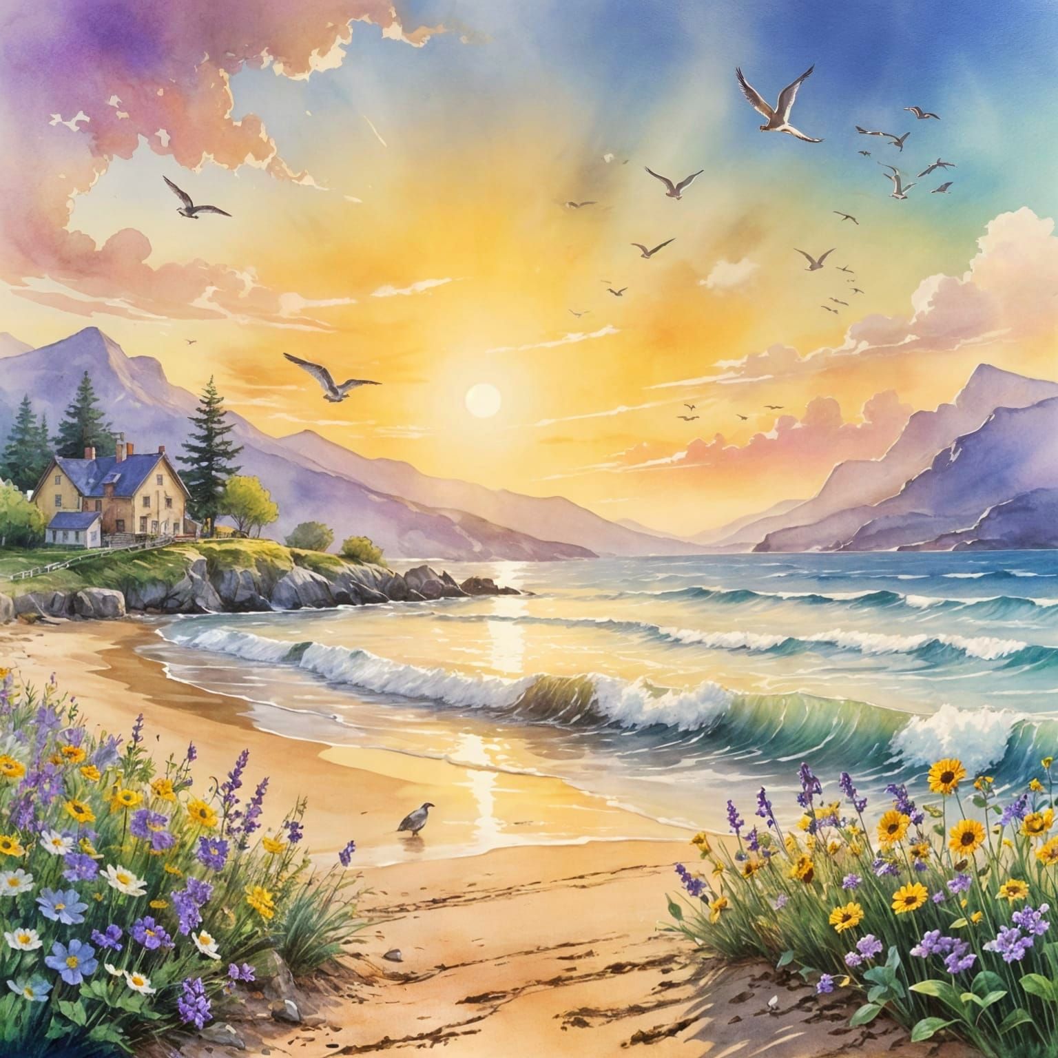 Vibrant Seaside Sunrise in Storybook Style