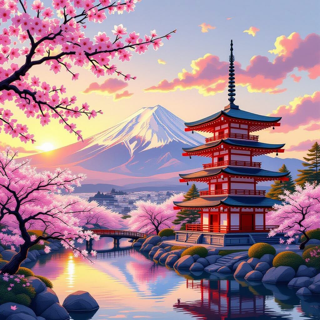 Japanese Sunset Landscape with Cherry Blossoms