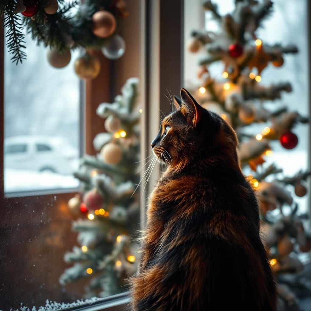 Tortoiseshell Cat Contemplates Snowy Winter Scene Beside Chr...