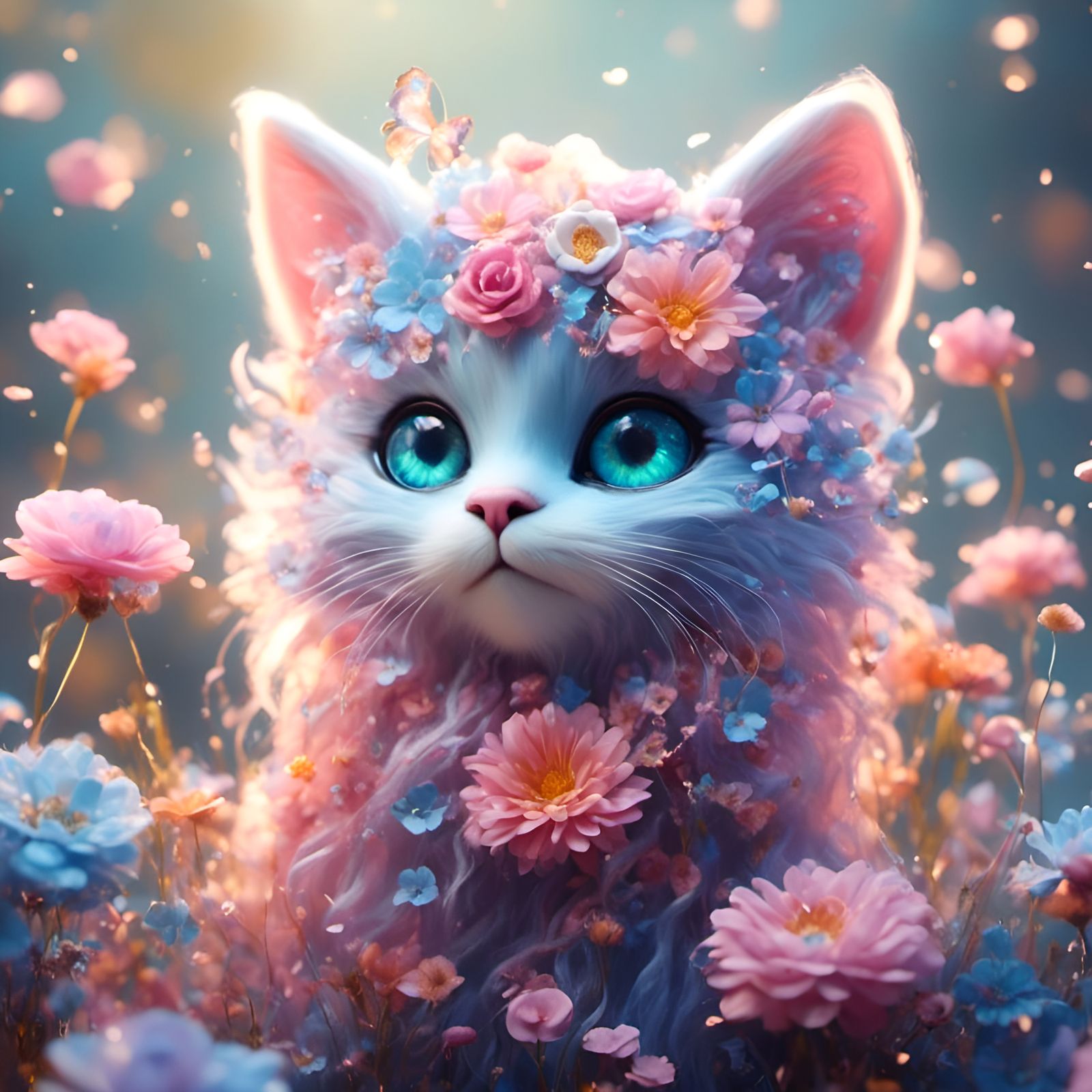 Pastel Fantasy Cat with Floral Fur