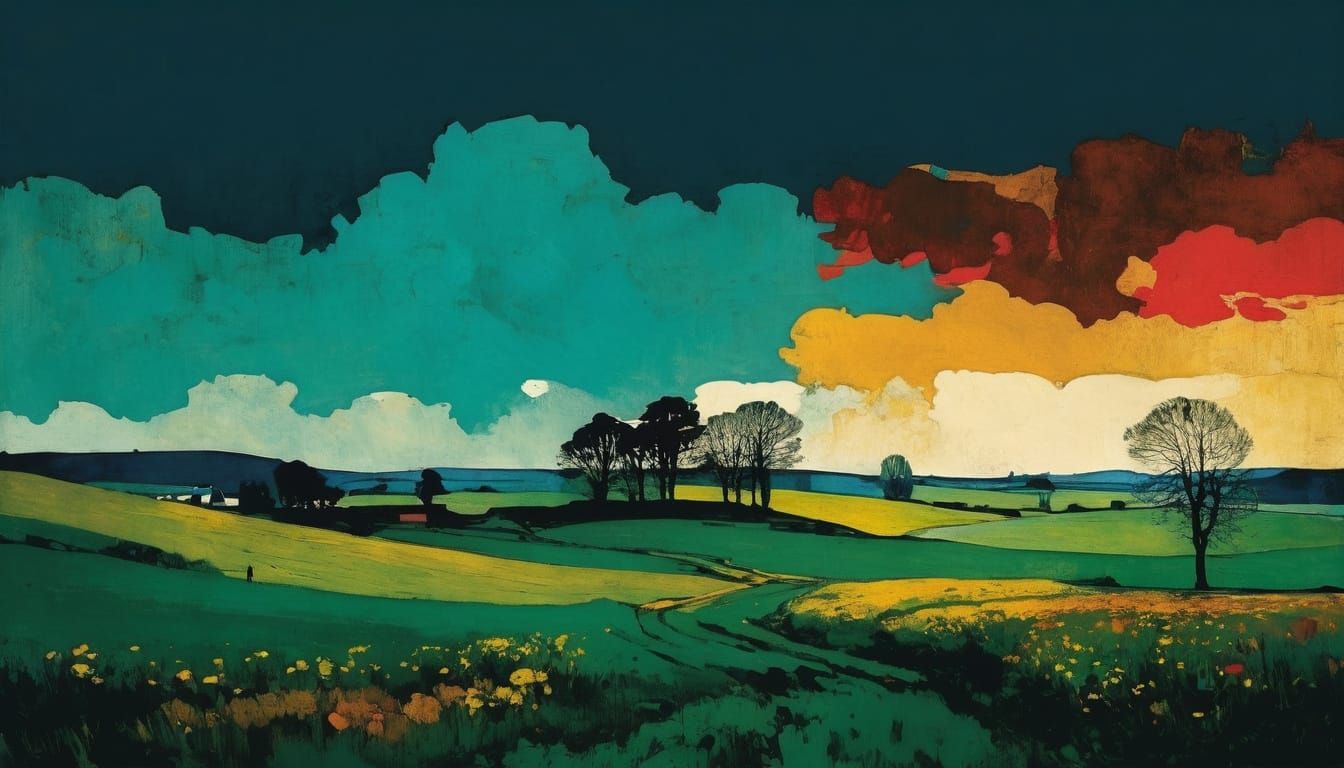 Grunge Spring Landscape in Vibrant Brushstrokes