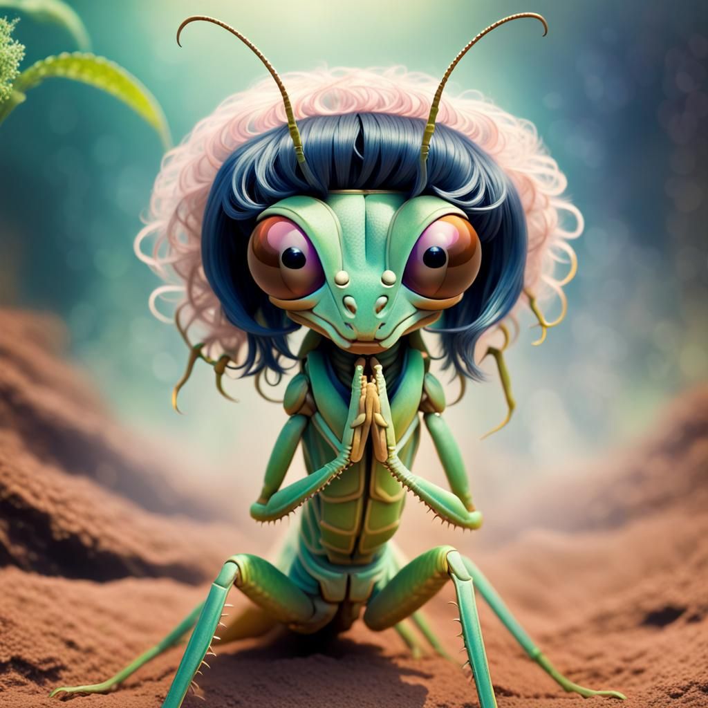 Cute Praying Mantis in Wig, Fantasy Art