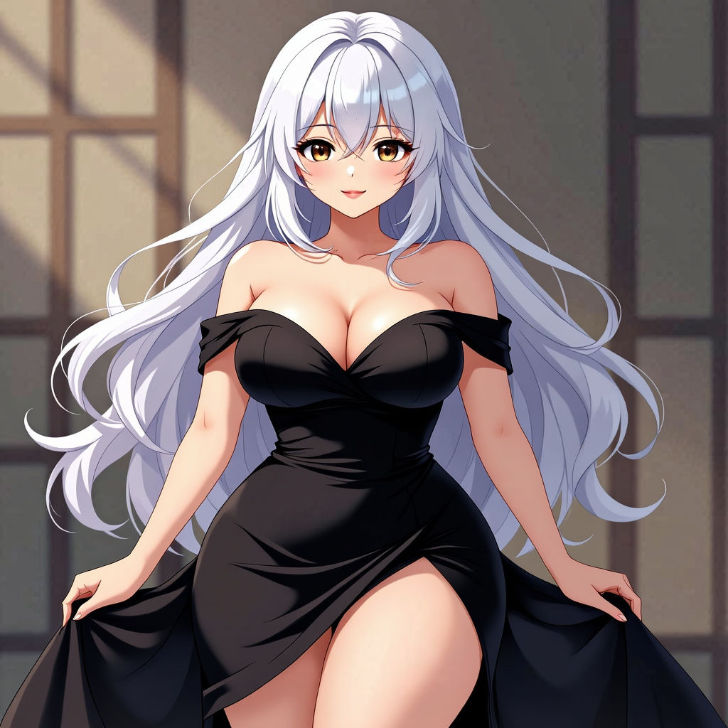 Elegant Anime Woman in Black Dress