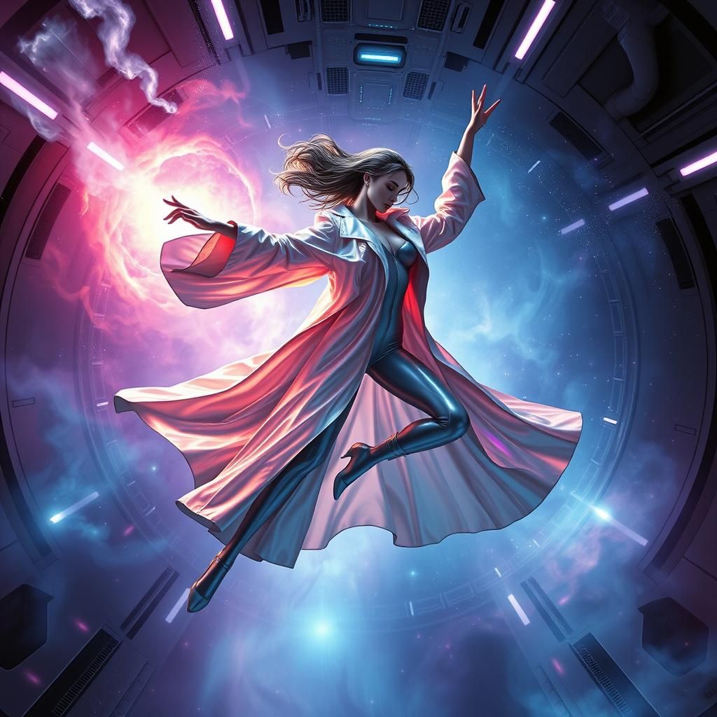 Futuristic Dancer in Zero Gravity Spaceship