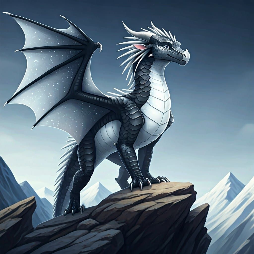 Elegant Black and White Dragon in Fantasy Landscape