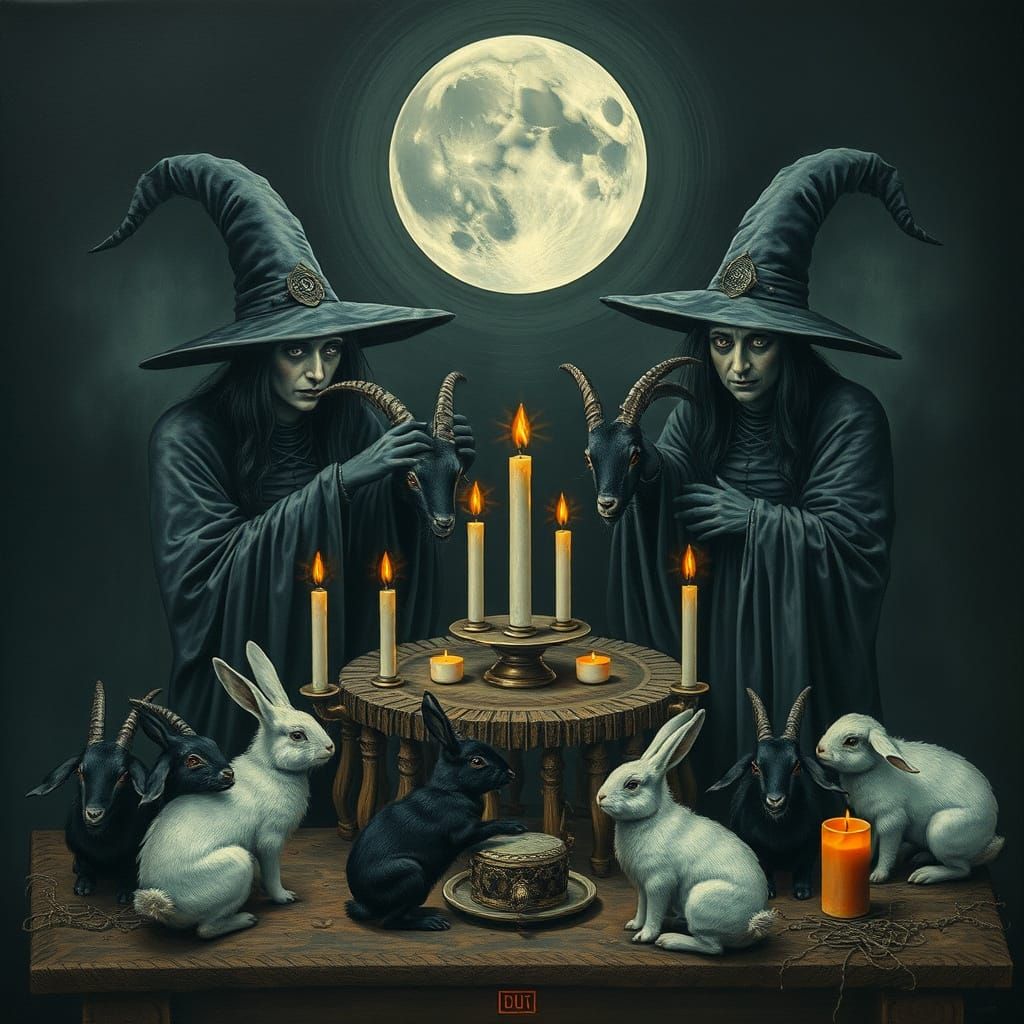 Surreal Dark Magic Scene with Witches and Candles