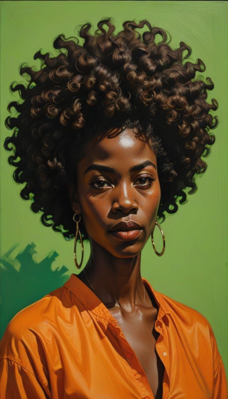 Stunning Black Woman with Vibrant Afro and Orange Gloves in....