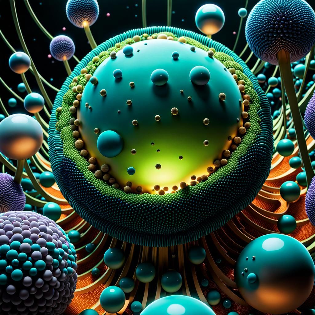 Cell Surrounded by Spheres in Cinematic Style