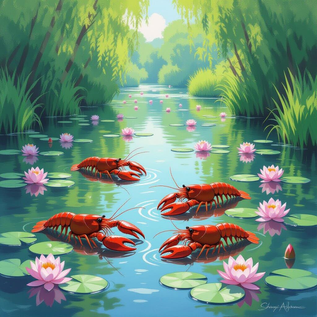 Crayfish in Spring River, Impressionistic Style