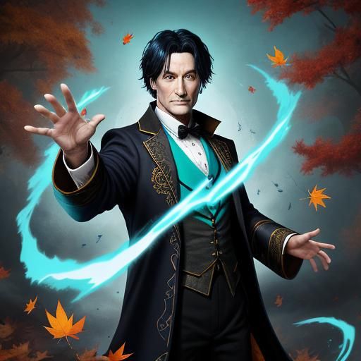 Wizard Daxius Houdini, lean and pale, turquoise eyes, black hair, conjuring up a whirlwind of autumn leaves.