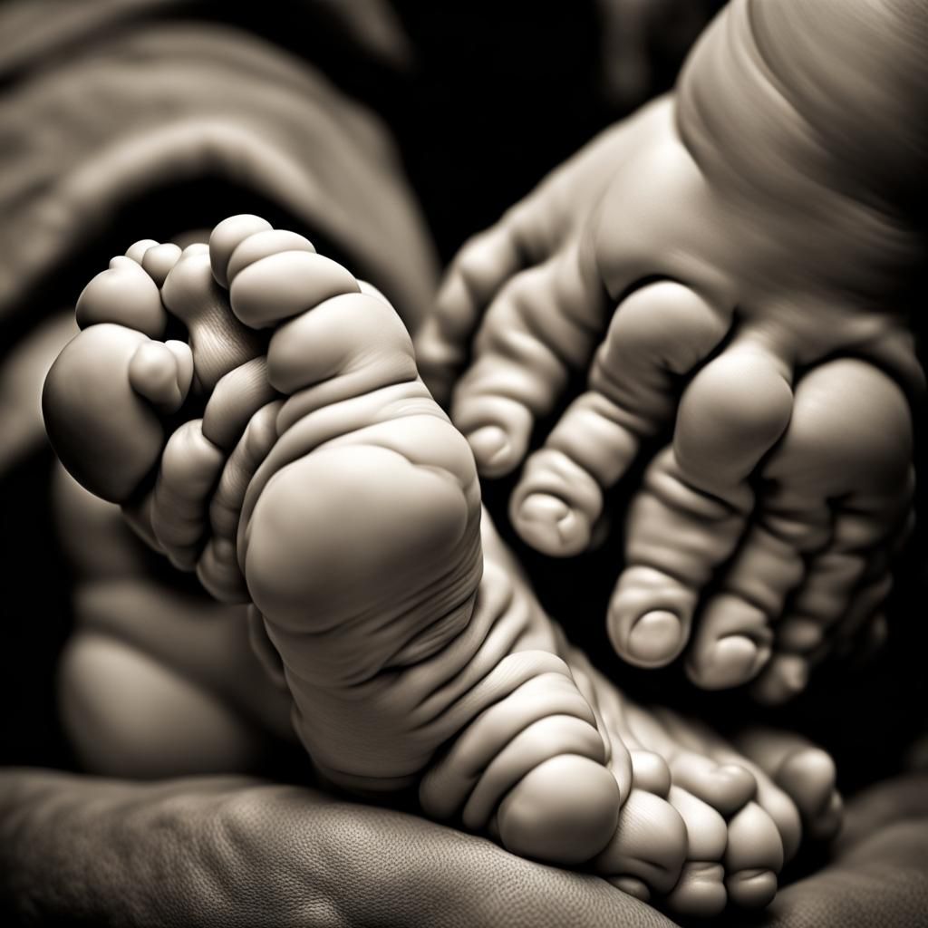 Babies tickling a giant foot